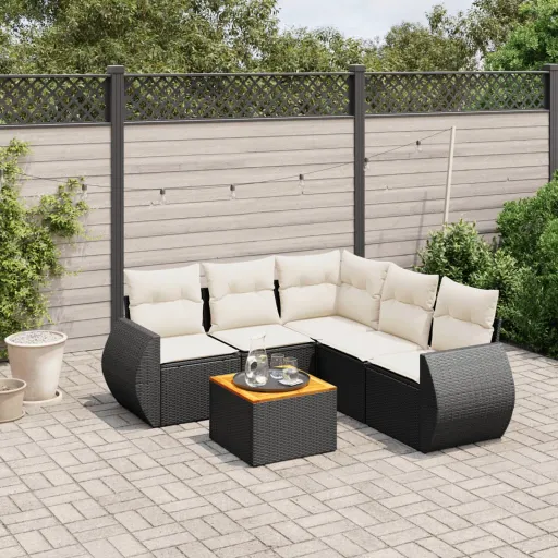 Conjunto Sofás de Jardim c/ Almofadões Vime PE Preto (6 pcs)