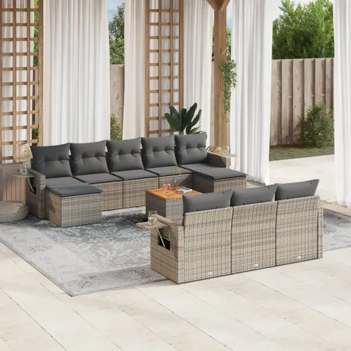 Conjunto Sofás de Jardim c/ Almofadões Vime PE Cinzento (11 pcs)