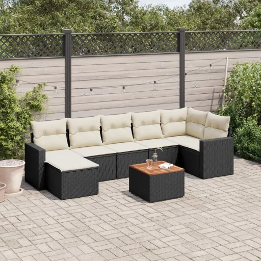 Conjunto Sofás de Jardim com Almofadões Vime PE Preto (8 pcs)