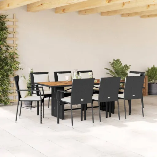 Conjunto de Jantar p/ Jardim c/ Almofadões Vime PE Preto (9 pcs)