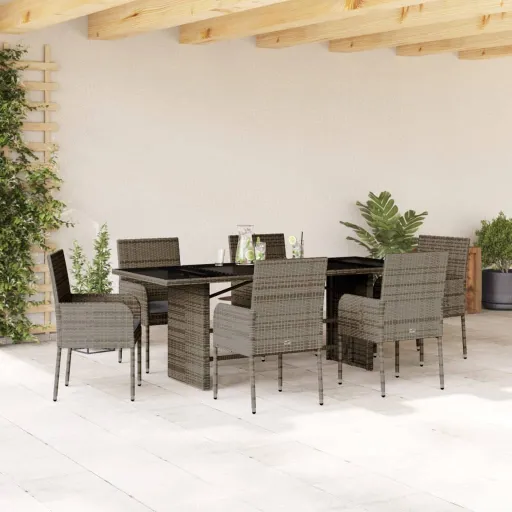 Conjunto de Jantar p/ Jardim c/ Almofadões Vime PE Cinza (7 pcs)