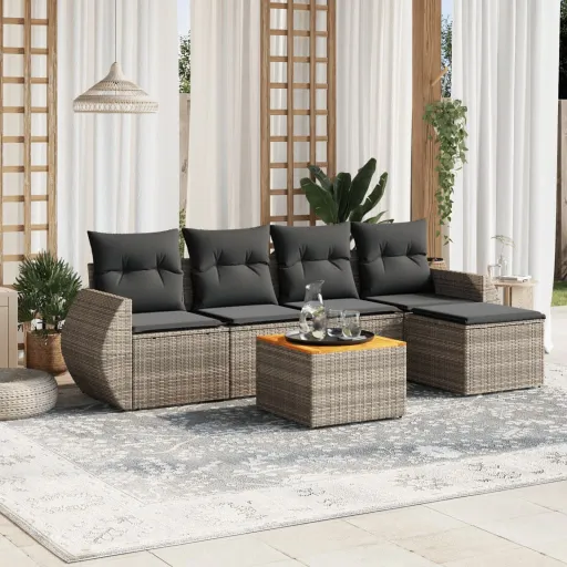 Conjunto Sofás de Jardim com Almofadões Vime Cinzento (6 pcs)