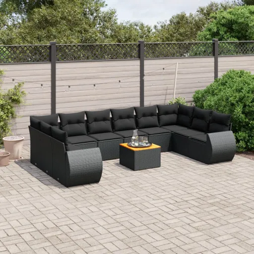Conjunto Sofás de Jardim c/ Almofadões Vime PE Preto (11 pcs)