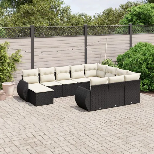Conjunto Sofás de Jardim c/ Almofadões Vime PE Preto (11 pcs)