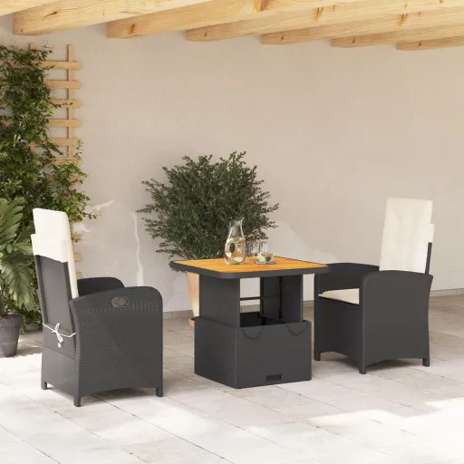 Conjunto de Jantar p/ Jardim c/ Almofadões Vime PE Preto (3 pcs)