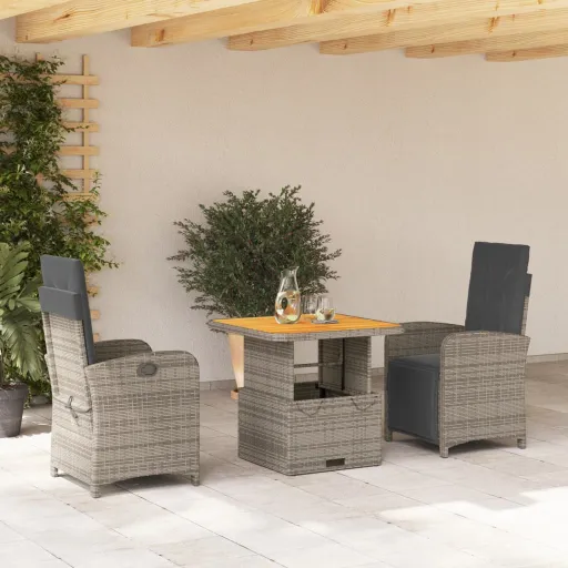 Conjunto de Jantar p/ Jardim c/ Almofadões Vime PE Cinza (3 pcs)