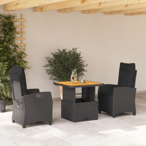 Conjunto de Jantar p/ Jardim c/ Almofadões Vime PE Preto (3 pcs)