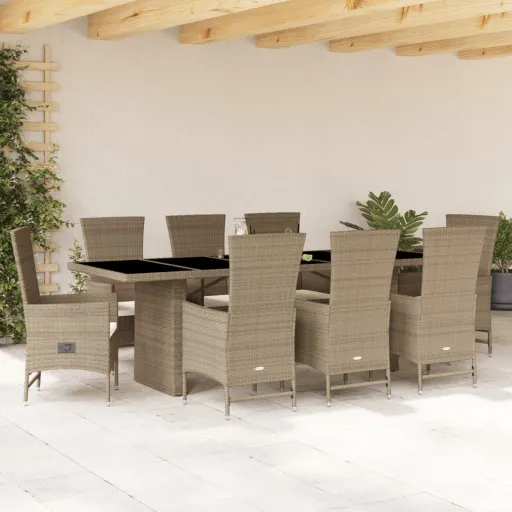 Conjunto de Jantar p/ Jardim com Almofadões Vime PE Bege (9 pcs)