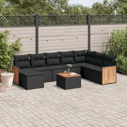 Conjunto de Sofás p/ Jardim c/ Almofadões Vime PE Preto (9 pcs)