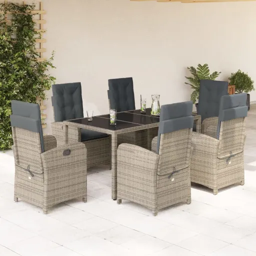 Conjunto de Jantar p/ Jardim c/ Almofadões Vime PE Cinza (7 pcs)
