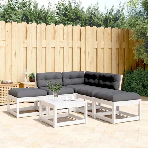Conj. Sofás de Jardim c/ Almofadões Pinho Maciço Branco  (5 pcs)