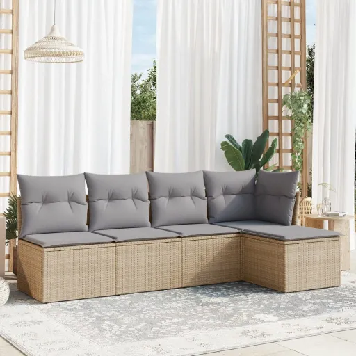 Conjunto de Sofás p/ Jardim com Almofadões Vime PE Bege (5 pcs)