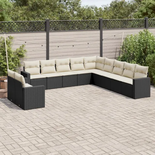 Conjunto Sofás de Jardim c/ Almofadões Vime PE Preto (11 pcs)