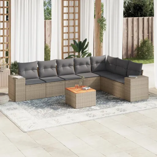 Conjunto de Sofás p/ Jardim com Almofadões Vime PE Bege (8 pcs)
