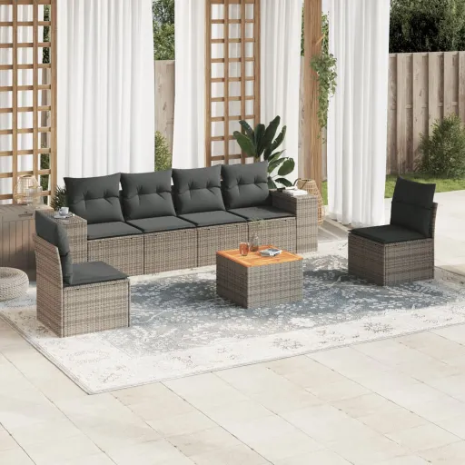 Conjunto Sofás p/ Jardim c/ Almofadões Vime PE Cinzento (7 pcs)
