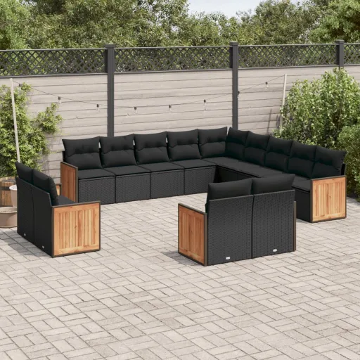 Conjunto de Sofás de Jardim com Almofadões Vime PE Preto (13 pcs)
