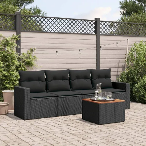 Conjunto Sofás de Jardim com Almofadões Vime PE Preto (5 pcs)