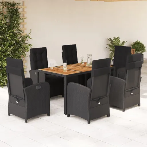 Conjunto de Jantar p/ Jardim c/ Almofadões Vime PE Preto (7 pcs)