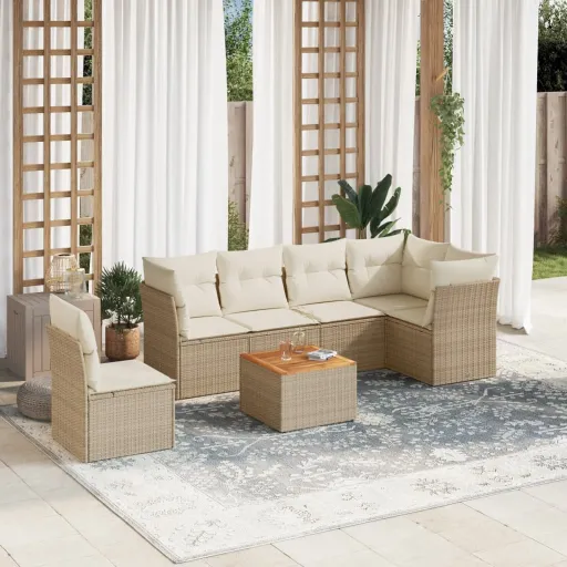 Conjunto de Sofás p/ Jardim com Almofadões Vime PE Bege (7 pcs)