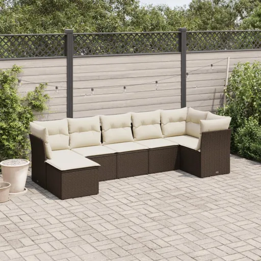 Conjunto de Sofás Jardim c/ Almofadões Vime PE Castanho (7 pcs)