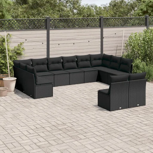 Conjunto de Sofás de Jardim c/ Almofadões Vime PE Preto (12 pcs)