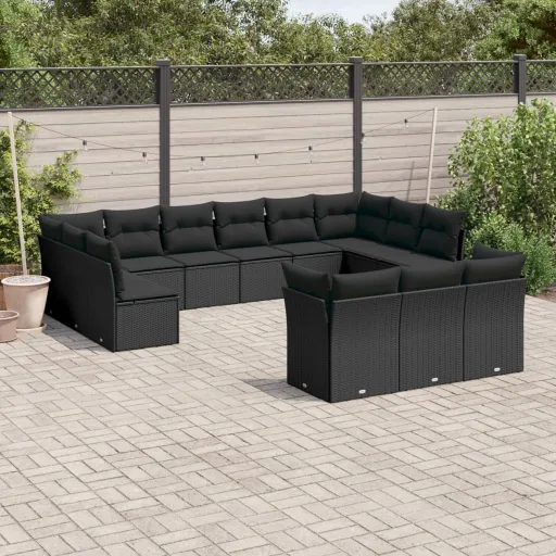 Conjunto de Sofás de Jardim com Almofadões Vime PE Preto (13 pcs)