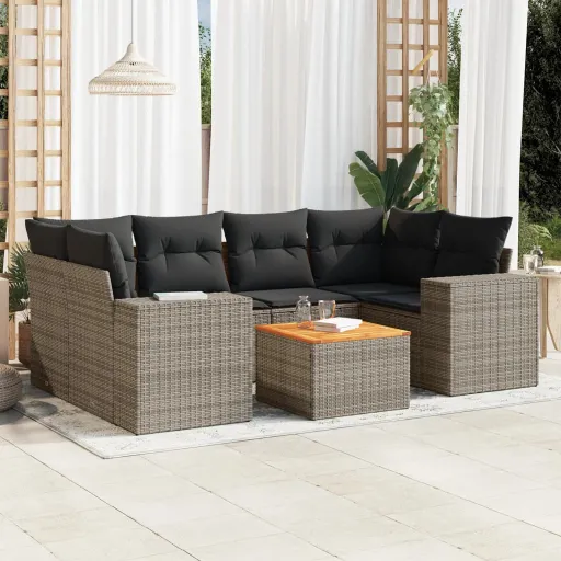 Conjunto Sofás p/ Jardim c/ Almofadões Vime PE Cinzento (7 pcs)