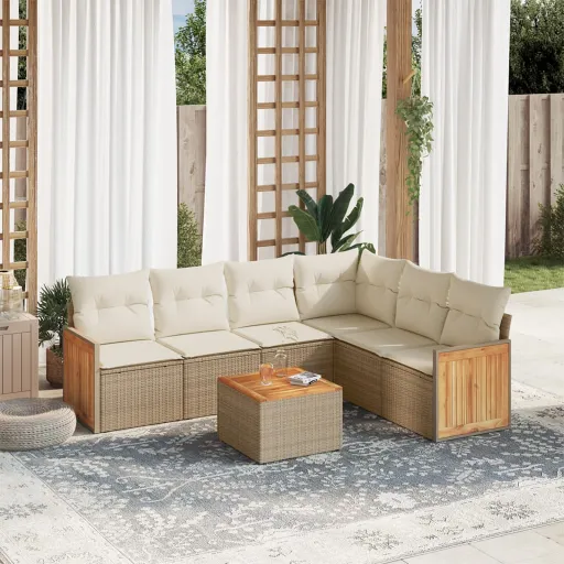 Conjunto de Sofás p/ Jardim com Almofadões Vime PE Bege (7 pcs)