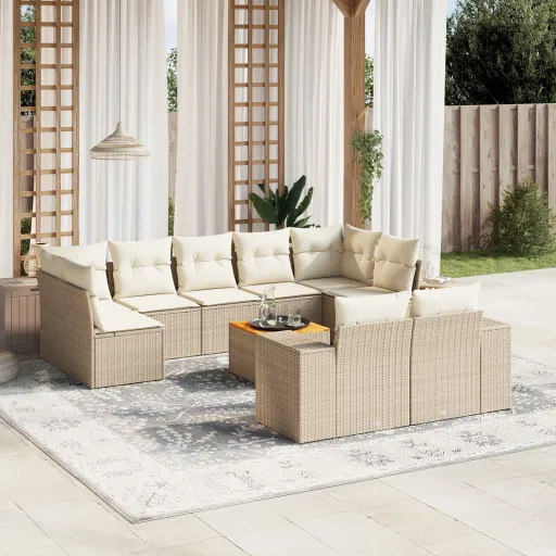 Conjunto de Sofás p/ Jardim com Almofadões Vime PE Bege (10 pcs)
