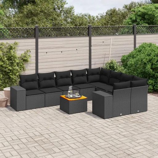 Conjunto Sofás de Jardim c/ Almofadões Vime PE Preto (10 pcs)