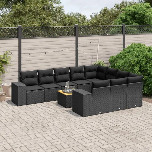 Conjunto Sofás de Jardim c/ Almofadões Vime PE Preto (11 pcs)