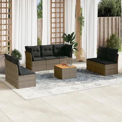 Conjunto Sofás de Jardim c/ Almofadões Vime PE Cinzento (8 pcs)