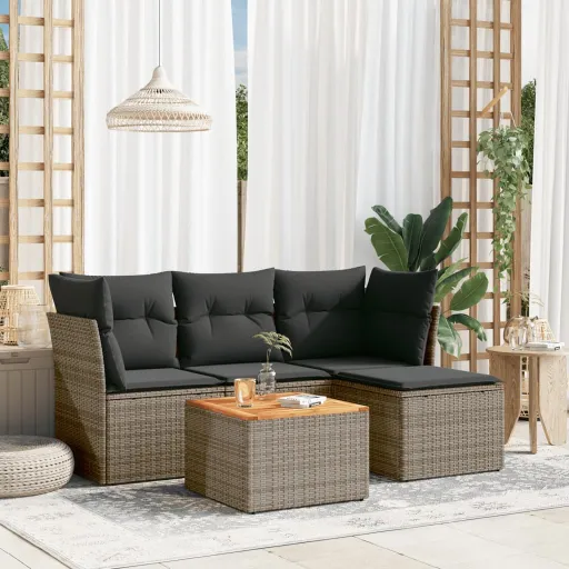 Conjunto Sofás de Jardim c/ Almofadões Vime PE Cinzento (5 pcs)