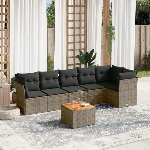Conjunto Sofás p/ Jardim c/ Almofadões Vime PE Cinzento (7 pcs)