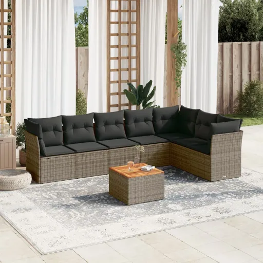 Conjunto Sofás de Jardim c/ Almofadões Vime PE Cinzento (8 pcs)