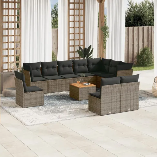 Conjunto Sofás de Jardim c/ Almofadões Vime PE Cinzento (11 pcs)