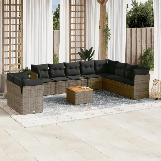 Conjunto Sofás de Jardim c/ Almofadões Vime PE Cinzento (11 pcs)