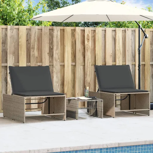 Espreguiçadeiras Modulares com Mesa   Vime PE Cinzento (2 pcs)
