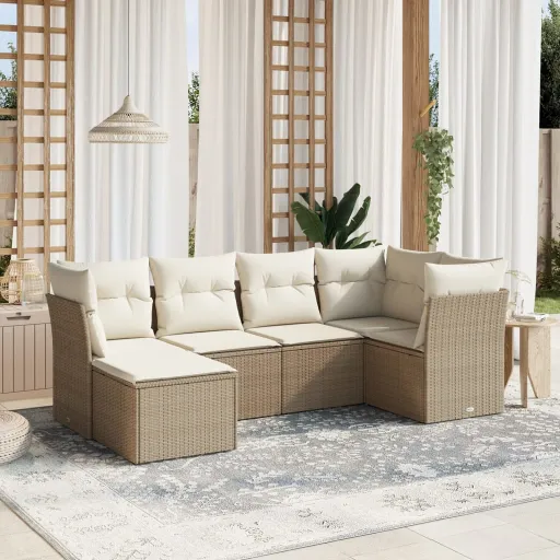 Conjunto de Sofás p/ Jardim com Almofadões Vime PE Bege (6 pcs)