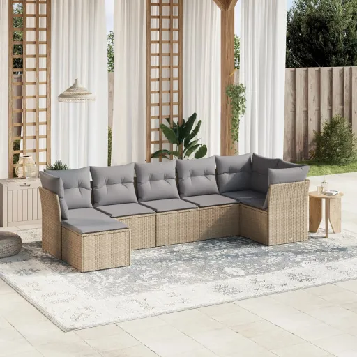 Conj. Sofás Jardim c/ Almofadões Vime PE Bege Misturado (7 pcs)