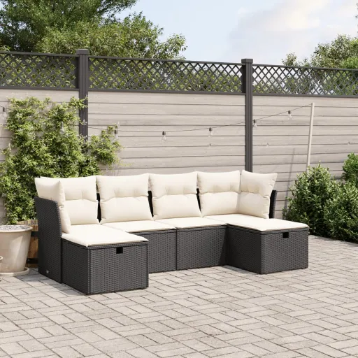 Conjunto Sofás de Jardim c/ Almofadões Vime PE Preto (6 pcs)