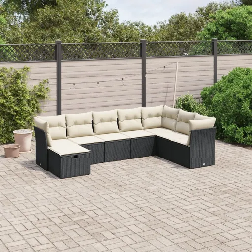 Conjunto Sofás de Jardim com Almofadões Vime PE Preto (8 pcs)