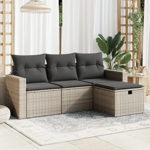 Conjunto Sofás de Jardim c/ Almofadões Vime PE Cinzento (4 pcs)