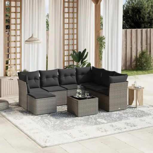 Conjunto Sofás de Jardim c/ Almofadões Vime PE Cinzento (8 pcs)