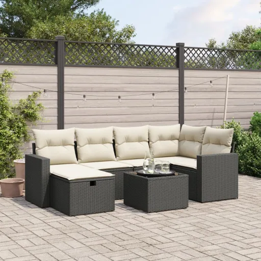 Conjunto de Sofás p/ Jardim c/ Almofadões Vime PE Preto (7 pcs)