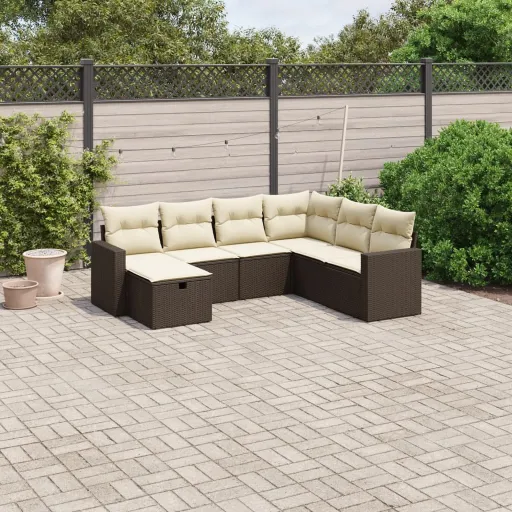 Conjunto de Sofás Jardim c/ Almofadões Vime PE Castanho (7 pcs)