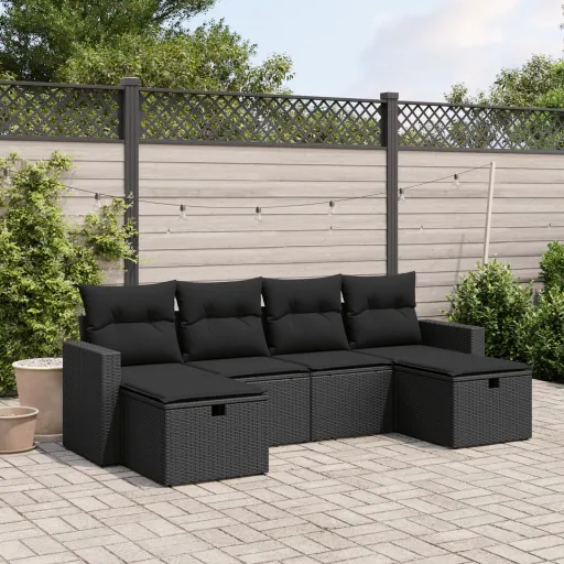 Conjunto Sofás de Jardim c/ Almofadões Vime PE Preto (6 pcs)