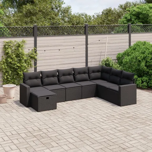 Conjunto Sofás de Jardim com Almofadões Vime PE Preto (8 pcs)