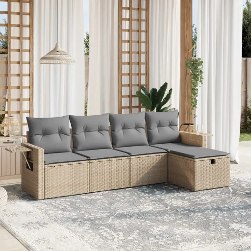 Conj. Sofás Jardim c/ Almofadões Vime PE Bege Misturado (5 pcs)