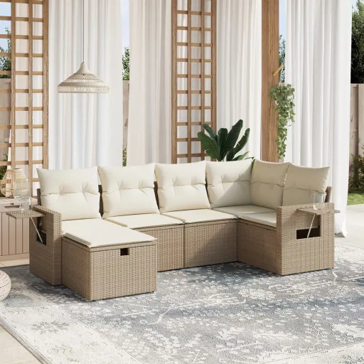 Conjunto de Sofás p/ Jardim com Almofadões Vime PE Bege (6 pcs)